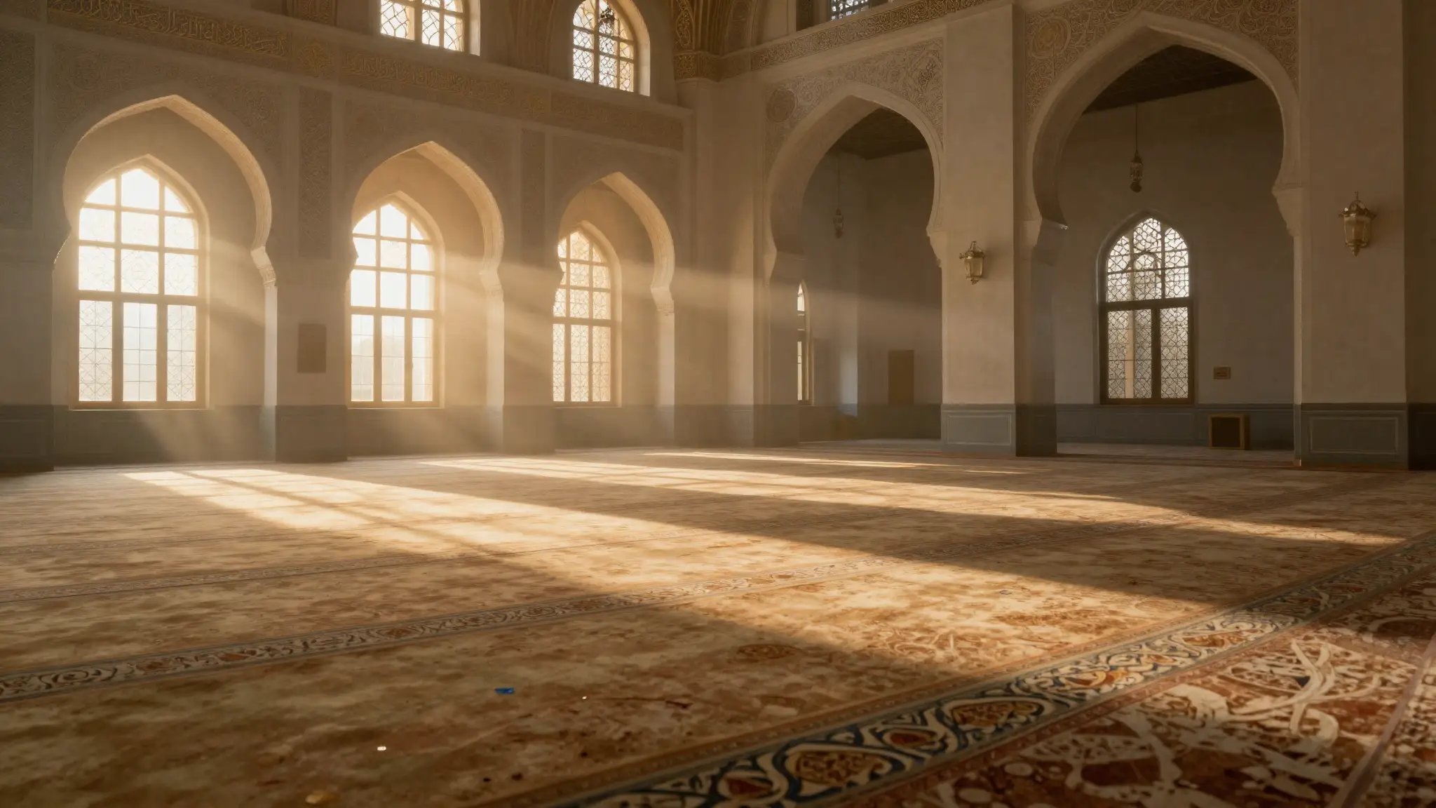داخل مسجد فسيح بأقواس إسلامية وضوء ذهبي يرمز إلى المسلمين ودينهم الإسلامي